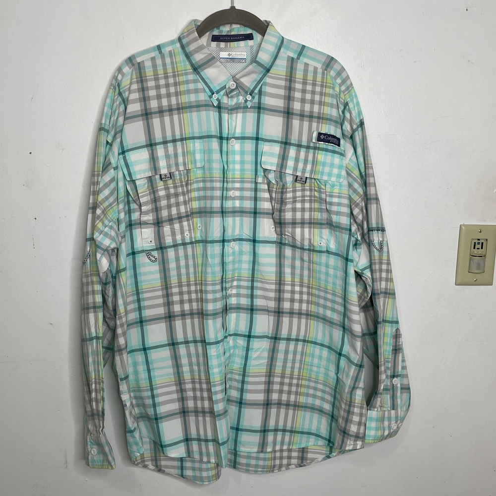 Columbia PFG Super Bahama Mens Large Plaid Fishing Shirt Teal Lime Vented L